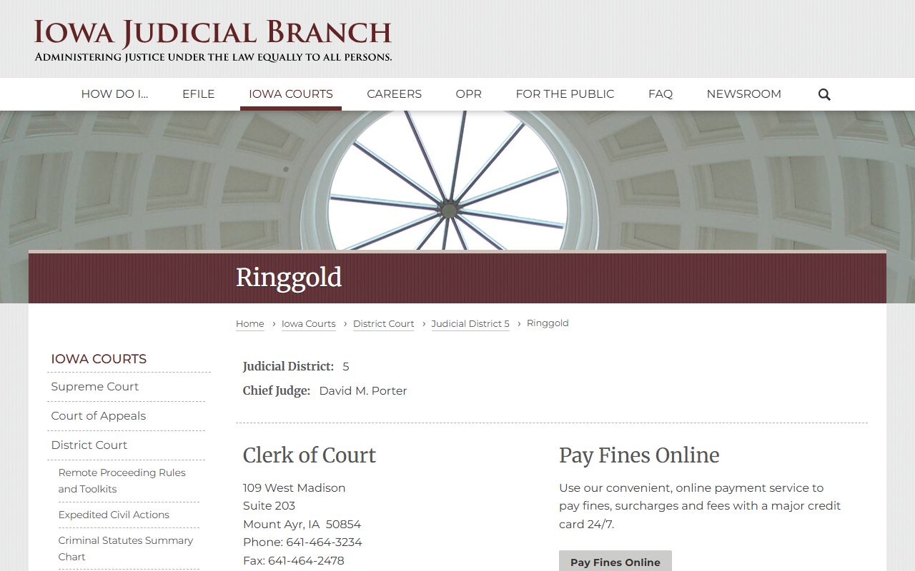 Ringgold County District Court page for court records after jail arrest